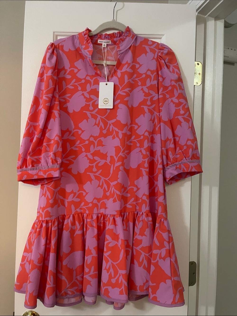 NWT Mary Square Bright Coral and Lilac Floral Ruffle Hem Dress